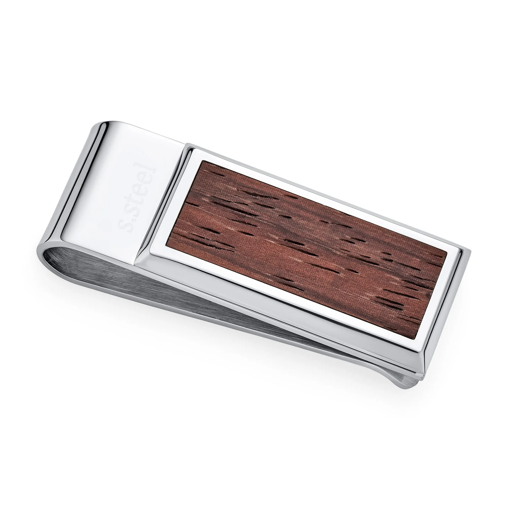 Two Tone Koa Wood Inlay Money Clip Card Holder for Men - Stainless Steel Gift