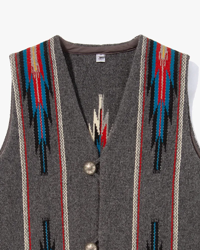 US Vintage Chimayo Vest, Dark Grey with Red and Blue Accents - S