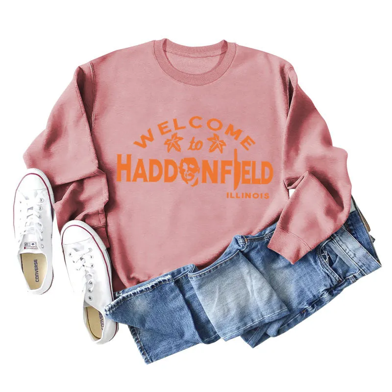 WELCOME HADDONFIELD Letter Ladies Long Sleeve Shirt Round Neck Sweater