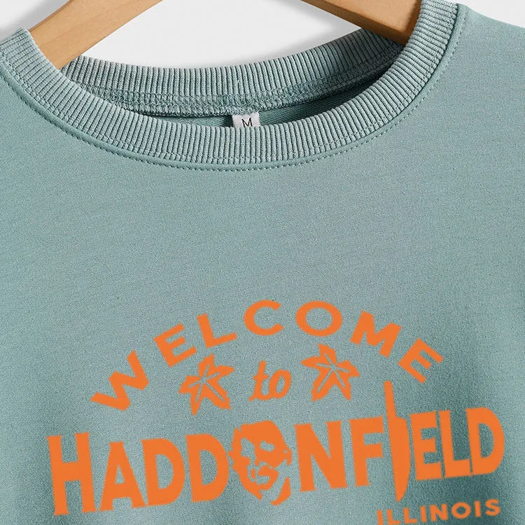 WELCOME HADDONFIELD Letter Ladies Long Sleeve Shirt Round Neck Sweater