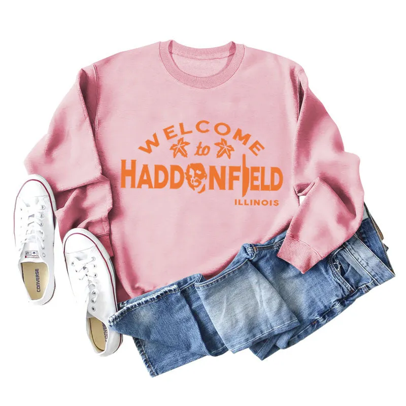 WELCOME HADDONFIELD Letter Ladies Long Sleeve Shirt Round Neck Sweater