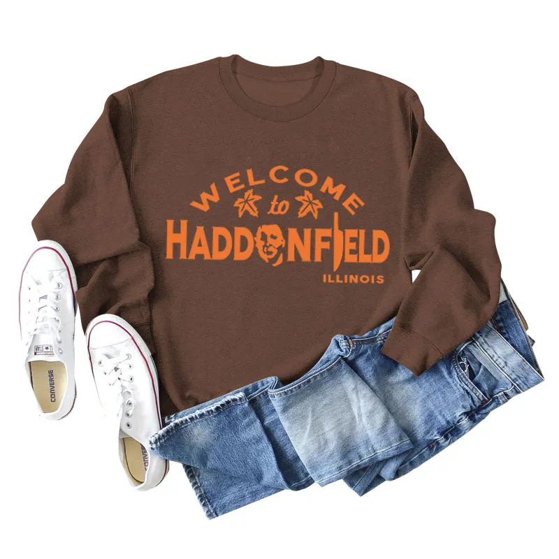 WELCOME HADDONFIELD Letter Ladies Long Sleeve Shirt Round Neck Sweater