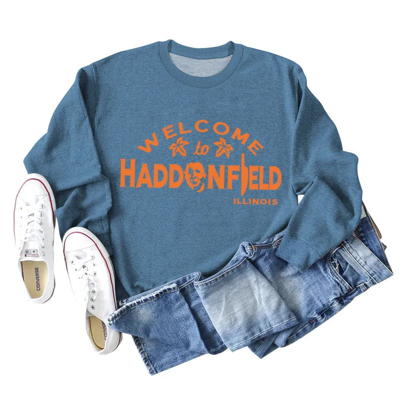 WELCOME HADDONFIELD Letter Ladies Long Sleeve Shirt Round Neck Sweater