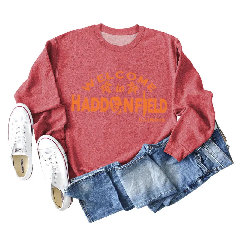 WELCOME HADDONFIELD Letter Ladies Long Sleeve Shirt Round Neck Sweater