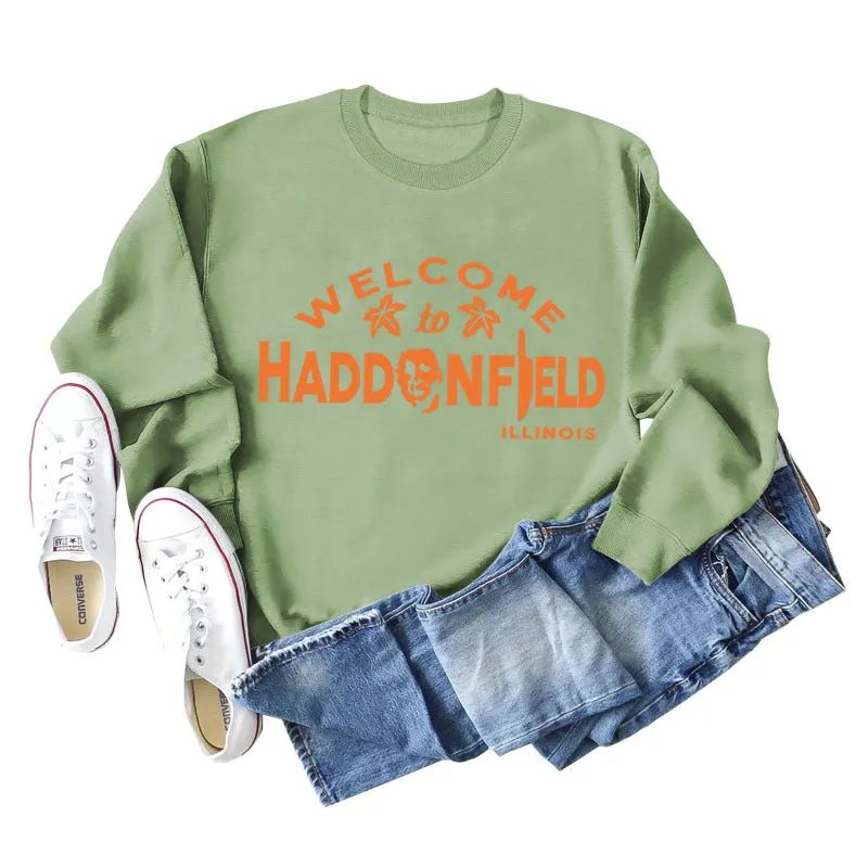 WELCOME HADDONFIELD Letter Ladies Long Sleeve Shirt Round Neck Sweater