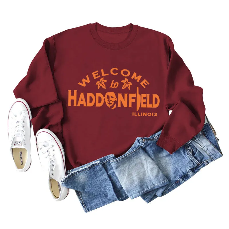 WELCOME HADDONFIELD Letter Ladies Long Sleeve Shirt Round Neck Sweater