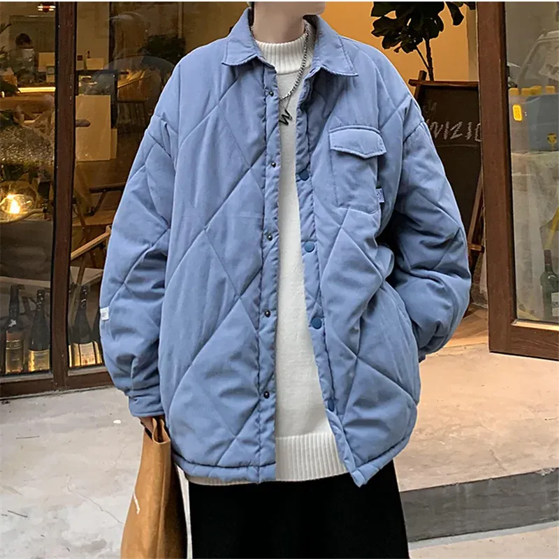 WIAOFELLAS  -  Cotton Jacket Men Autumn Winter Lapel Single Breasted Long Sleeve Casual Outerwear Solid Color Diamond Parkas Male Loose Coat