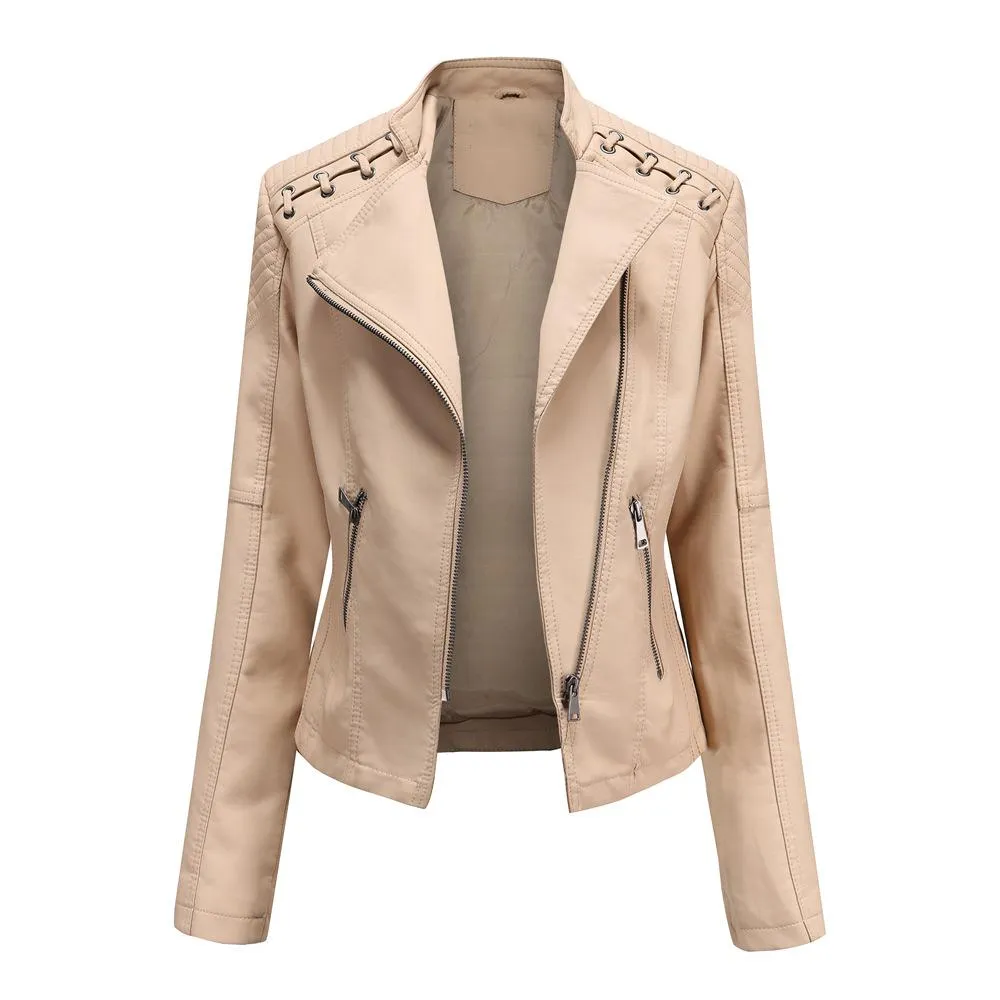 Women Fashion Lace-up Leather Jacket Slim Fit Spring Autumn Zipper Jacket - WJK2572