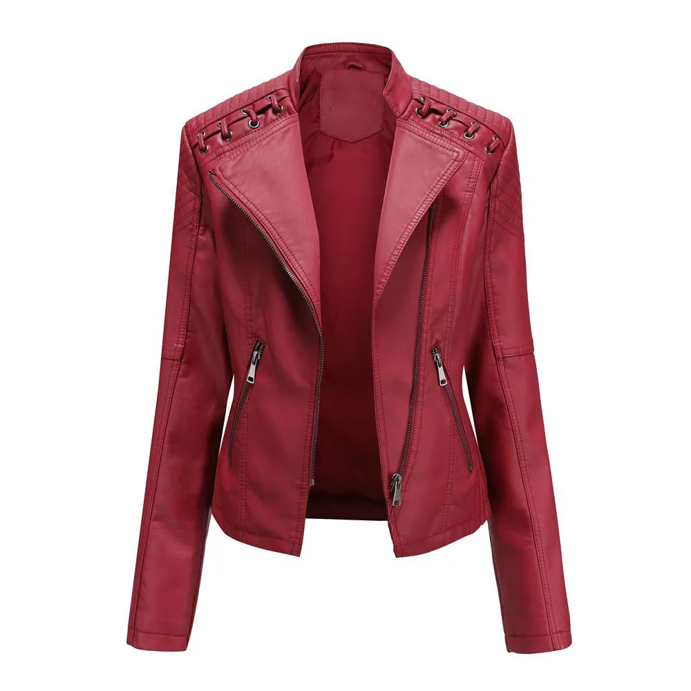 Women Fashion Lace-up Leather Jacket Slim Fit Spring Autumn Zipper Jacket - WJK2572