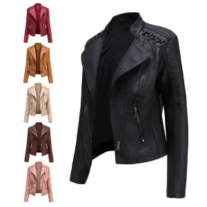 Women Fashion Lace-up Leather Jacket Slim Fit Spring Autumn Zipper Jacket - WJK2572