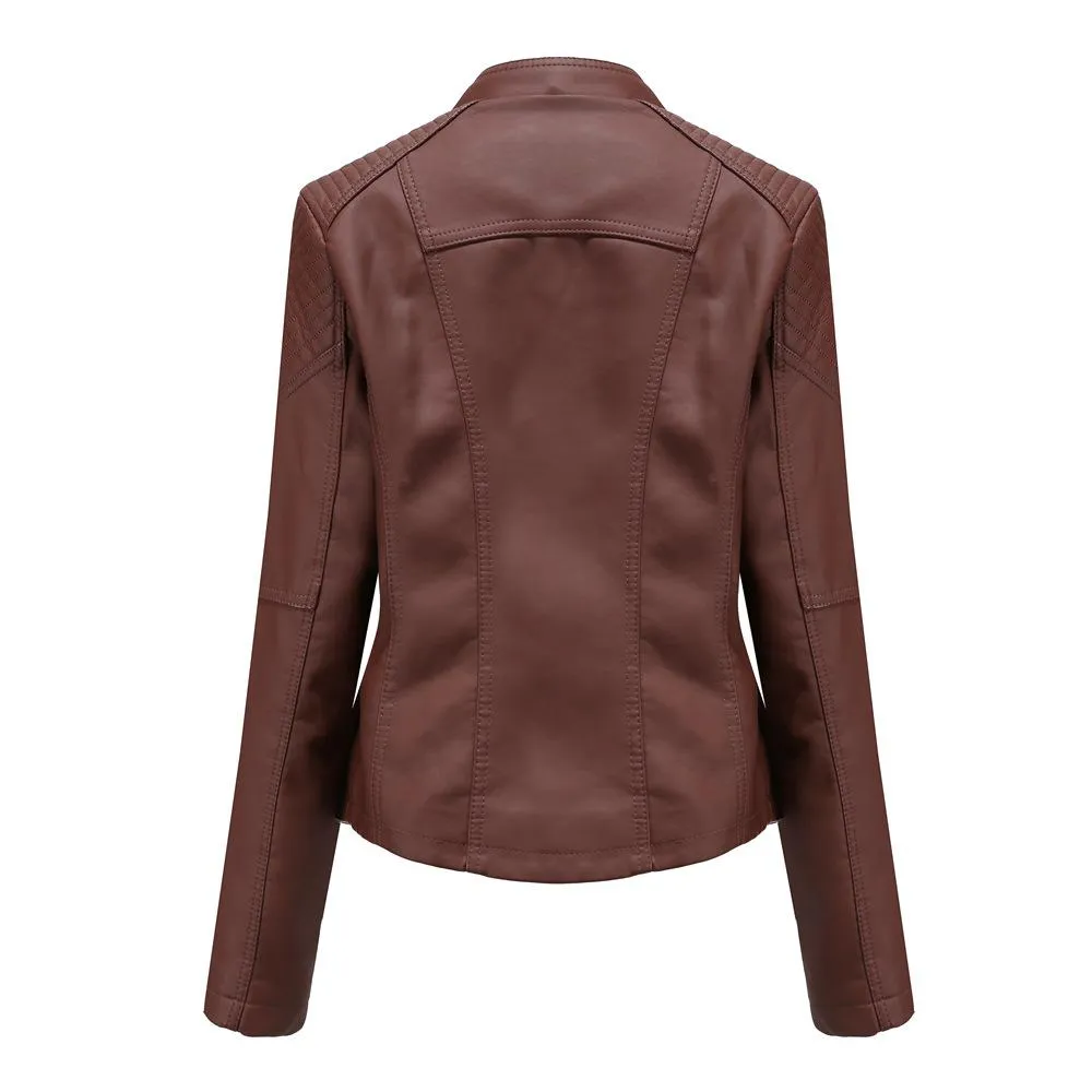 Women Fashion Lace-up Leather Jacket Slim Fit Spring Autumn Zipper Jacket - WJK2572