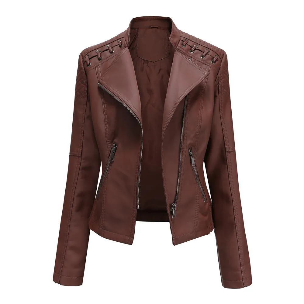 Women Fashion Lace-up Leather Jacket Slim Fit Spring Autumn Zipper Jacket - WJK2572