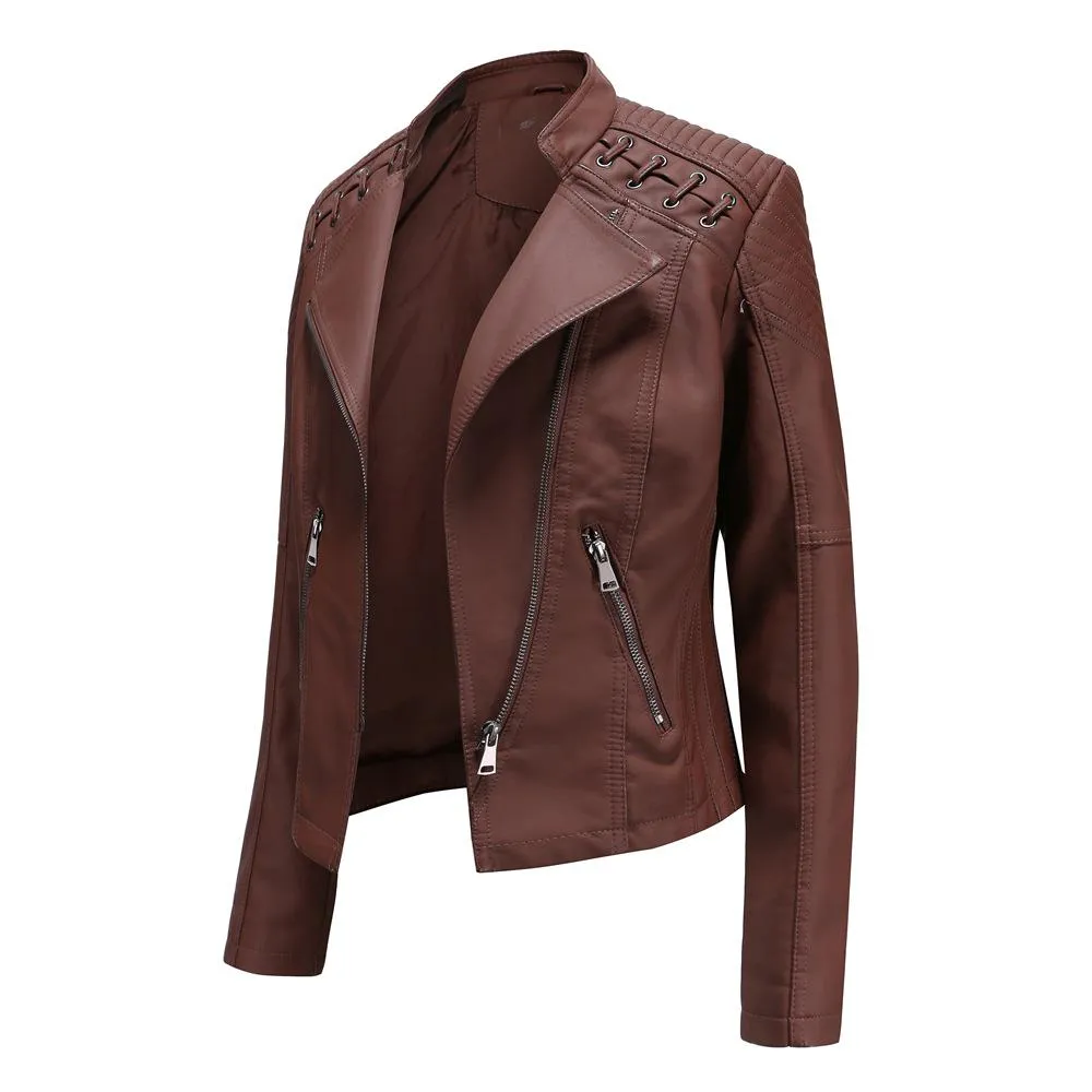 Women Fashion Lace-up Leather Jacket Slim Fit Spring Autumn Zipper Jacket - WJK2572