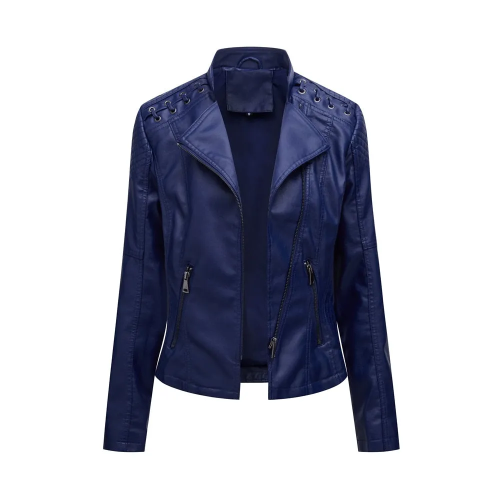 Women Fashion Lace-up Leather Jacket Slim Fit Spring Autumn Zipper Jacket - WJK2572