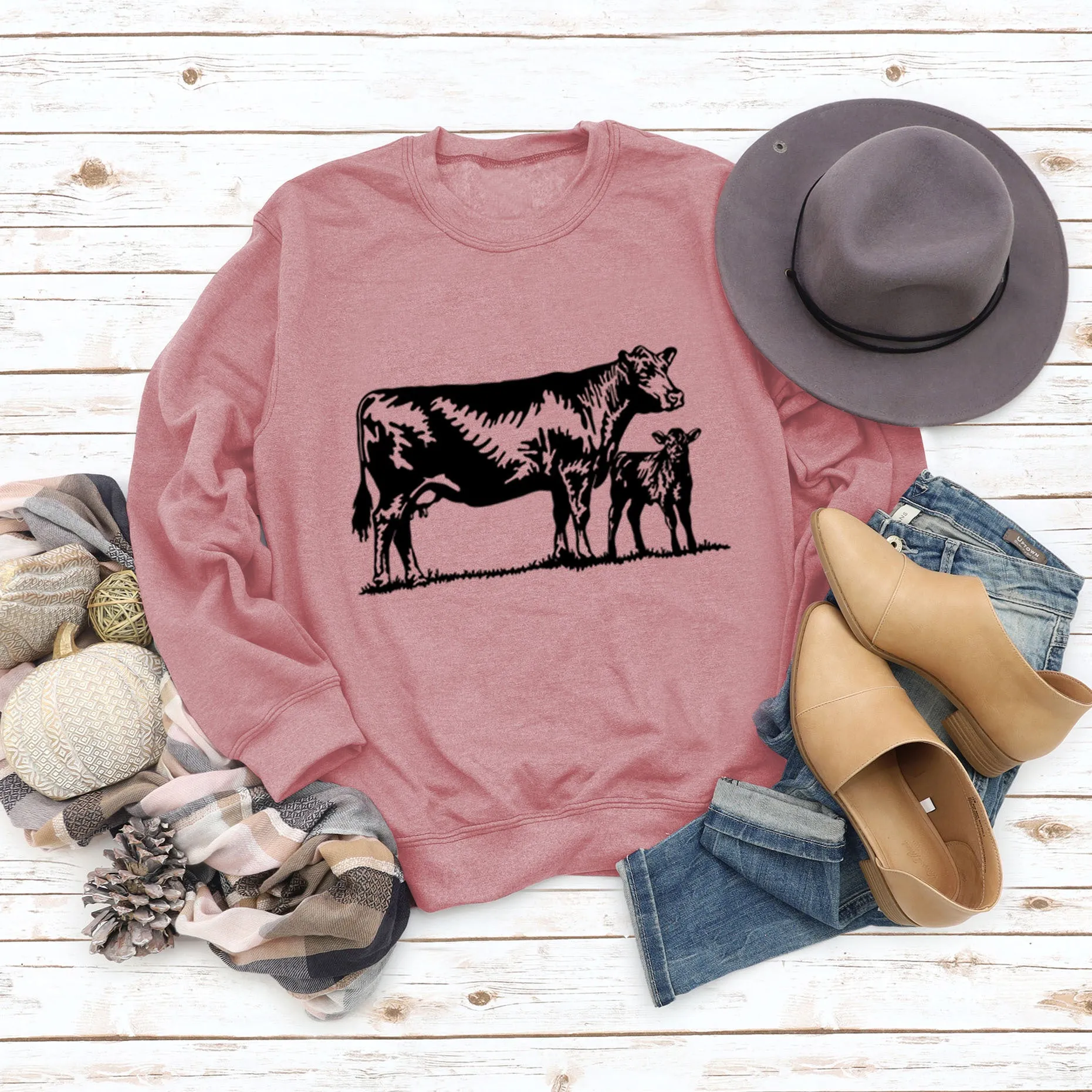 Womens Long-sleeved Cow-print Round Neck Loose T-shirt Sweatshirt