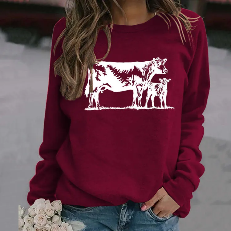 Womens Long-sleeved Cow-print Round Neck Loose T-shirt Sweatshirt