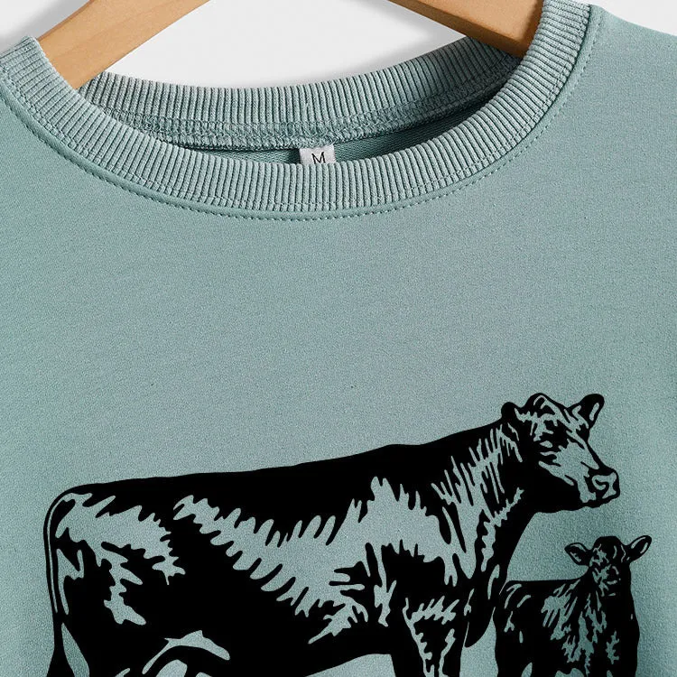 Womens Long-sleeved Cow-print Round Neck Loose T-shirt Sweatshirt