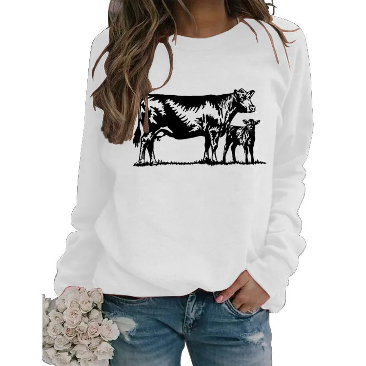 Womens Long-sleeved Cow-print Round Neck Loose T-shirt Sweatshirt