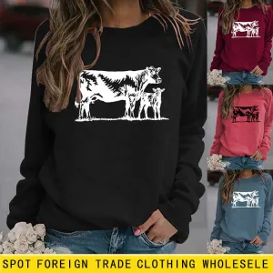 Womens Long-sleeved Cow-print Round Neck Loose T-shirt Sweatshirt