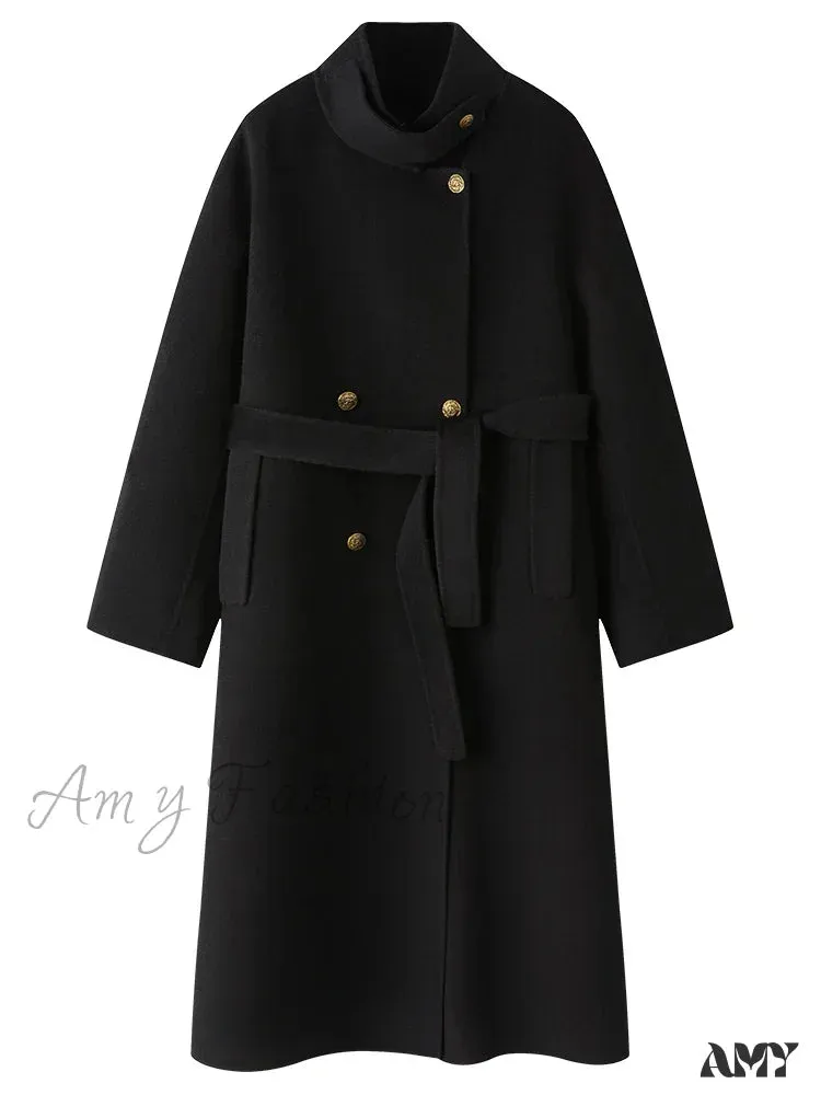 Wool Stand Collar Diagonal Placket Design Double-Breasted Long Dark Green Straight Commuter Black Coat