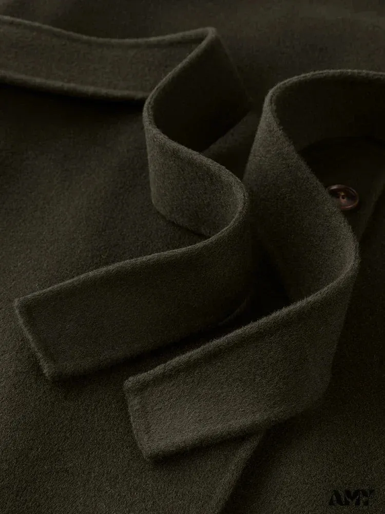 Wool Stand Collar Diagonal Placket Design Double-Breasted Long Dark Green Straight Commuter Black Coat