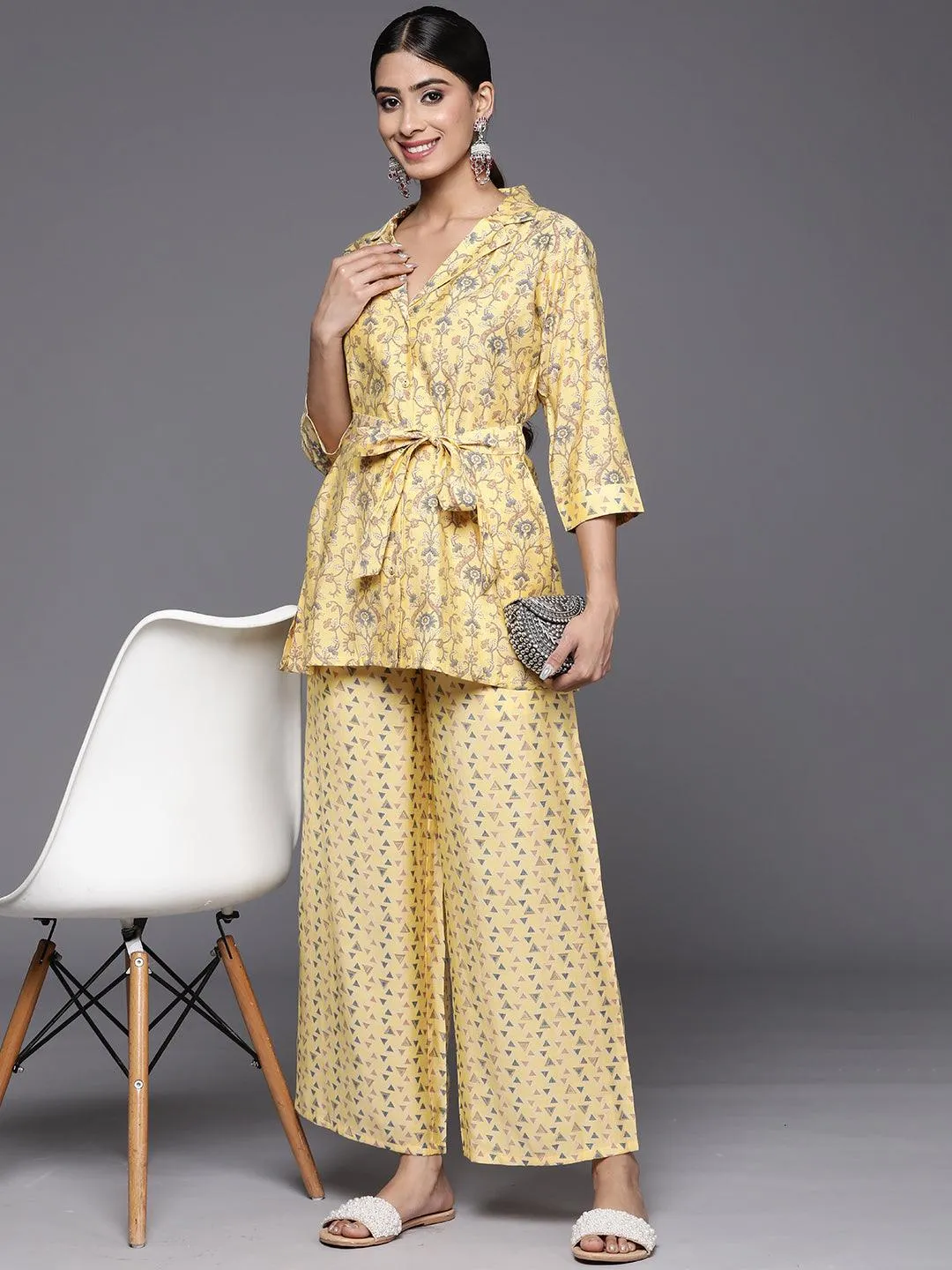 Yellow Printed Silk Blend Shirt With Palazzos