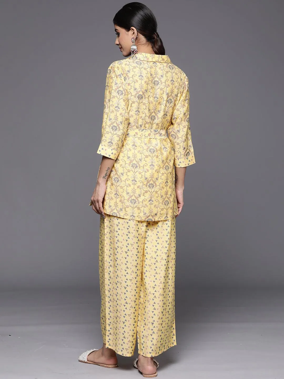 Yellow Printed Silk Blend Shirt With Palazzos